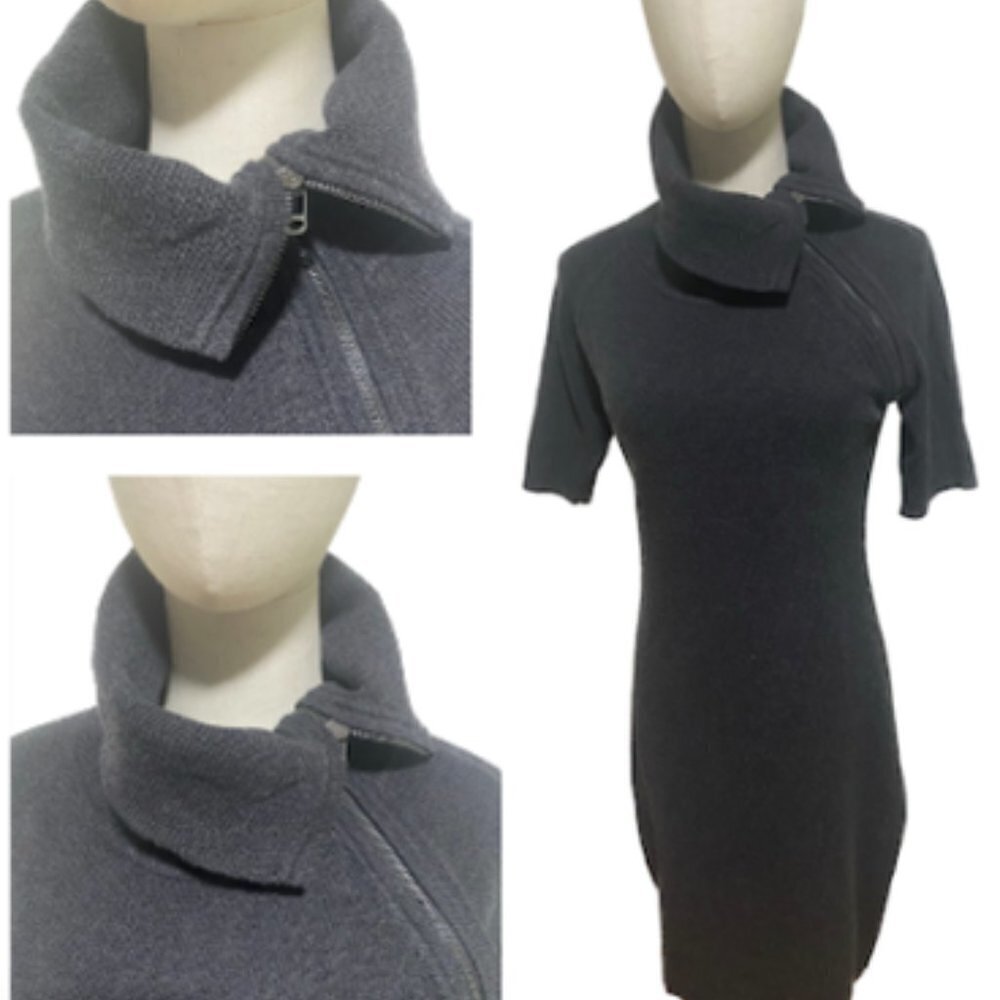 Y2K ELLEN TRACY GRAY SWEATER RIBBED DRESS BODYCON ASYMMETRIC ZIP TURTLENECK SZ S